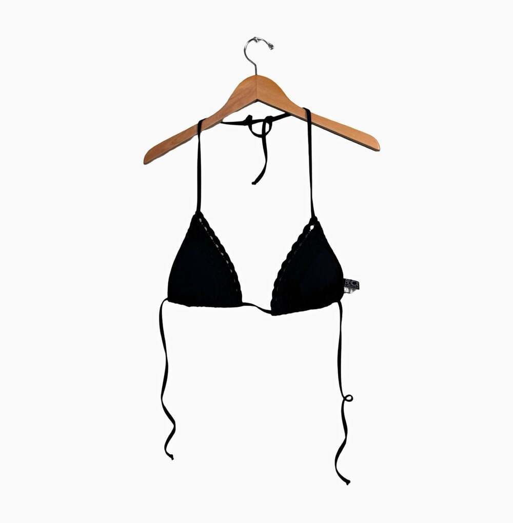 BECCA by Rebecca Virtue Black Triangle Halter Bikini Top Lined Size L B Cup